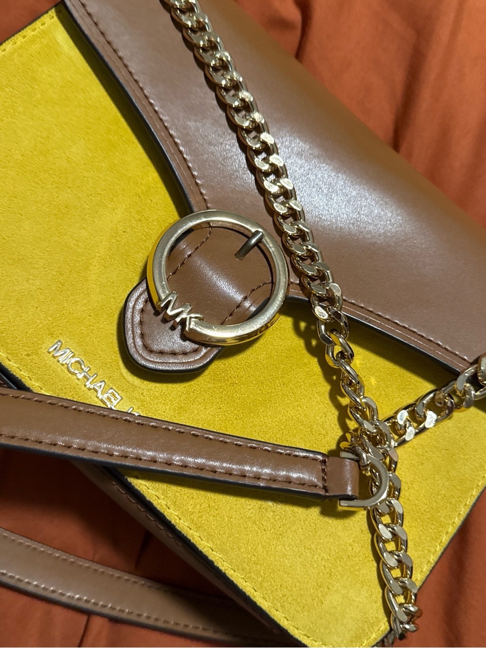 Michael Kors Yellow Suede and Brown Leather Shoulder Bag with Gold Chain